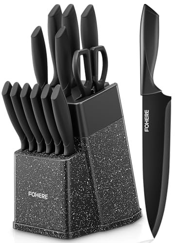 FOHERE Coltelli da Cucina con Autoaffilante, 13 Pezzi, Set Coltelli da Cucina in Acciaio Inossidabile, Ceppo con Blocco in Plastica, Granito Nero