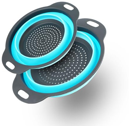 2 Stk Faltbarer Seiher Sieb, Küche Silikon Klappbar Abtropfsieb Nudelsieb Set, Silikonfilterkörbe, Küchensieb Abwaschschüssel für Nudeln, Obst, Gemüse, Blau