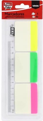 Fixo Notes, 30 marqueurs adhésifs couleur fluo avec règle 12 cm, PET translucide, taille 38 x 50 mm, vous pouvez écrire avec un crayon et un stylo, résistants à l'eau, parfait matériel scolaire