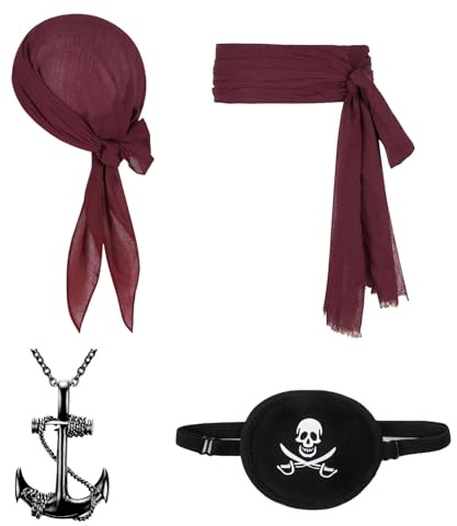 FUIPVGI Piratenkapitän Kostümzubehör, Piraten-Bandana und Schärpe, Augenklappe, Anker-Anhänger, Kette, Renaissancekapitän, Piratenzubehör für Halloween-Piratenparty, 4 Stück