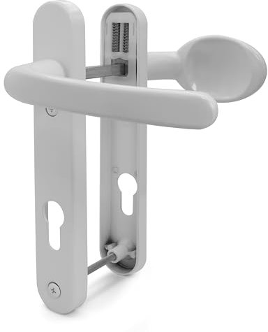TSS White UPVC Door Handle Pair Set, Sprung, 92mm PZ (Centres), Lever Moveable Pad, 122mm Screw to Screw (Screw centres), Backplate 212mm x 34mm - Replacement PVC Door Handle in White