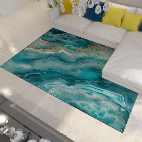 BYLEEHOMED Blaugrün Marmor Textur Teppiche 60x120cm Smaragd Türkis fließender Marmor Bereich Teppich für Esszimmer Büro Rutschfester waschbarer Teppich für Cafe
