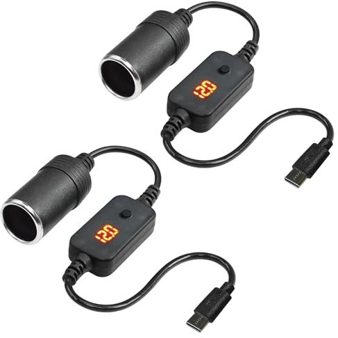 2 unidades USB a encendedor de cigarrillos de 12 V, adaptador USB C a 12 V, adaptador de encendedor de cigarrillos con voltímetro, voltaje ajustable de 5 V/9 V/12 V, indicador adecuado para cargador