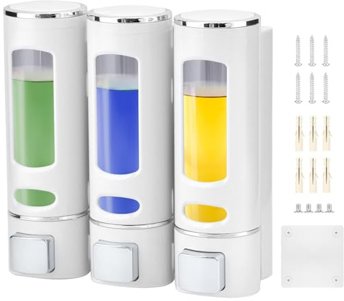 QWORK® Seifenspender wandbefestigung mit 3 kammern, kein Bohren erforderlich, duschspender mit großer kapazität für Badezimmer, weiß