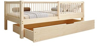 TIMBEE - Alfi Box - Kinderbett 90x200 mit Schublade - Bett Holz Unlackiert - Einzelbett für Kinder mit Lattenrost und Rausfallschutz Abnehmbar - Belastbar bis 100 kg - aus Kiefernholz Klasse 1