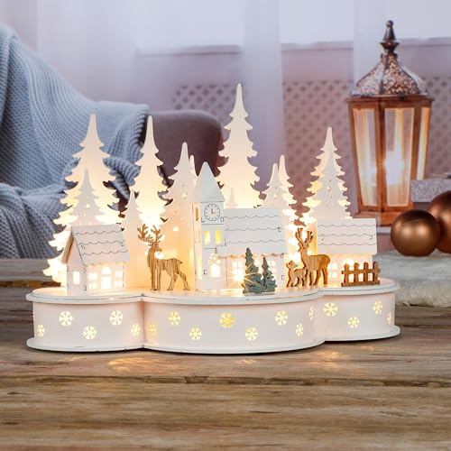 Schauer 3D Weihnachtsstadt aus Holz mit LED-Beleuchtung – Weihnachtsdorf mit 10 warmweißen LEDs batteriebetrieben - Perfekt als Weihnachtsdeko innen, Tischdeko & Fensterdeko