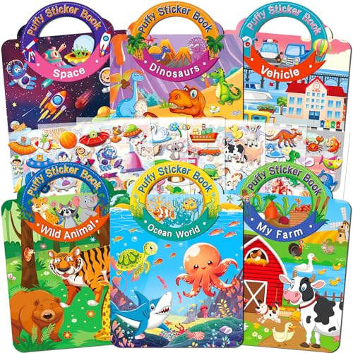 Elfew 6 Pack Reusable Sticker Book for Toddlers, 3D Puffy Stickers for Children 2 3 4 Years, Toys for Age 3 4 5 Year Old Kids Boys Girls Birthday Gifts, Educational Toys for 2-3 Year Olds