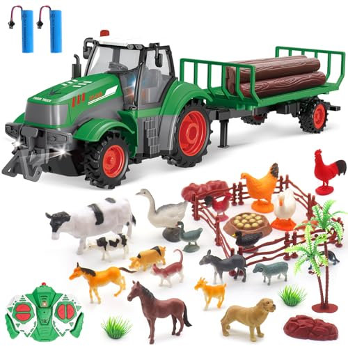 Mostop Trattore telecomandato, 1/24, set di trattori radiocomandati con camion, rimorchio, legno e ranch, set da 33 pezzi, giocattolo da fattoria RC con 2 batterie, luce, giocattolo da fattoria per