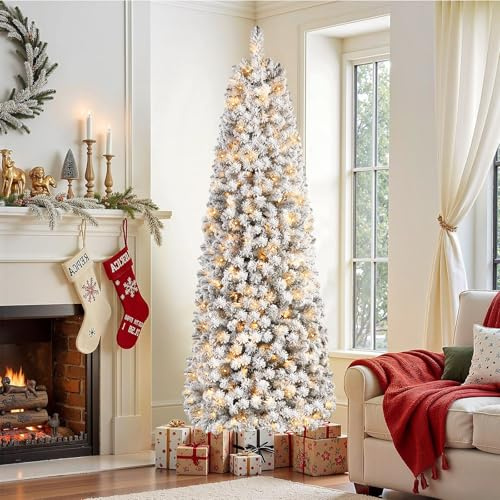 SHareconn 6ft Pre-Lit Slim Artificial Christmas Tree with 180 Warm White LED Lights, Snow Flocked Hinged PVC Branches & Metal Stand, Space Saving Pencil Xmas Tree for Home Office Decor