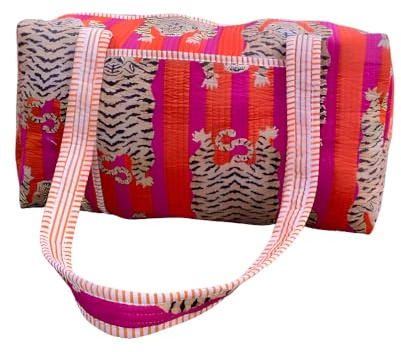 INDACORIFY Cotton Tiger Print Quilted Duffle Bags Large Size Beautiful Print Weekender Bags Handmade Shoulder Travel Overnight Trip Yoga Bag