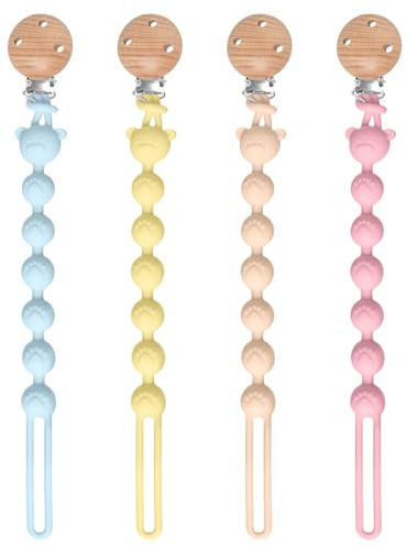 Lot de 4 attache-tétines en silicone souple, faciles à nettoyer, attache-tétine et anneau de dentition, design 2 en 1, attache-tétine en bois, aide à la dentition pour fille et garçon