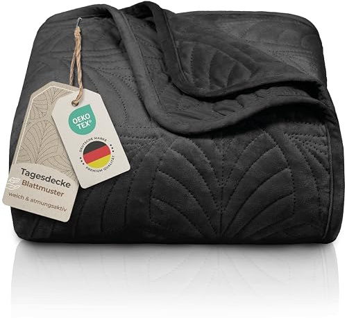 Gräfenstayn Premium Tagesdecke 170x210 cm – Bettüberwurf mit Nahtloser Steppung & Blatt-Design – Samt-Decke – weich, knitterfrei & pflegeleicht – Überwurf für Bett & Sofa (schwarz)