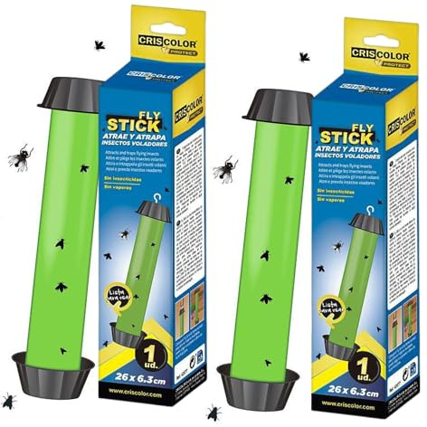 IAMI Pack 2 Sticks Atrapamoscas Adhesivos 26 x 6,3 cm Interior Exterior | Sin insecticidas ni vapores | Para colgar | Moscas, mosquitos y avispas | Terrazas, garajes y establos