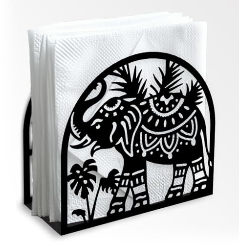 Doodlream Servilletero de metal negro con diseño de elefante y palmera para mesa, 13,5 x 12,5 x 5 cm, servilletero de pie para el hogar, cocina, restaurante, fiesta, cafetería, comedor