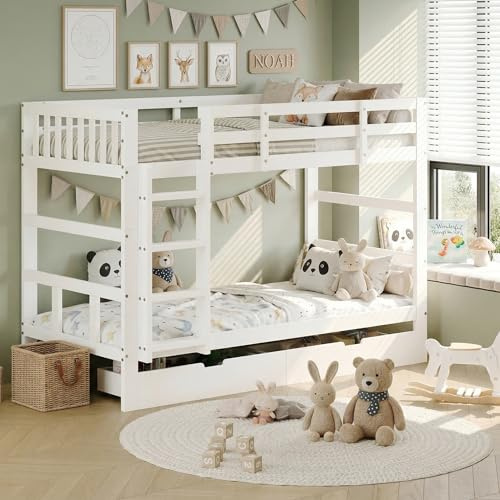 lit superposé 90 x 200 cm, sommier à Lattes, Protection Contre Les Chutes, Mezzanine avec échelle, Maison avec 2 tiroirs, Bois Massif Blanc, pour Garçon et Fille