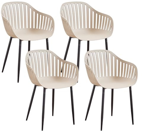 GrandCA HOME Juego de 4 Sillas de Comedor Modernas, Sillas de Cocina con Respaldos Huecos Verticales, Reposabrazos y Patas de Metal Negro, Adecuadas para Salas de Estar, Balcones, Oficinas - Caqui