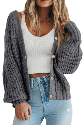 Cowyams Strickjacke Damen Elegant Casual Schulterjacke Top Kuschelig Stilvoll Sweater V-Ausschnitt Kurz Strick Cardigan Open Front Pullover mit Knöpfen Leichte Über