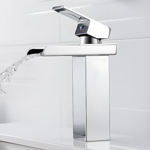 Robinet Salle de Bain Cascade Chromé Mitigeur Lavabo avec Bec Hauteur 140mm | Robinet Lavabo Cascade, Mitigeur Salle de Bain en Laiton, Robinetterie Eau Chaude et Froide Disponible, G3/8
