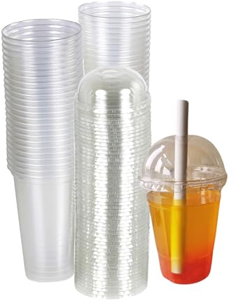 Strong Clear Plastic Smoothie Cups with Dome Lids – Reusable, Crystal Clear, Durable, and Leak-Proof | Perfect for Juices, Milkshakes, Iced Coffee, and Beverages (100, 8oz)