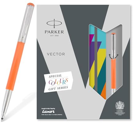 Parker Vector Metallix Tintenroller und Notizbuch mit Chromverzierung, orangefarbener Körper, blaue Tinte, mittlere Spitze, ideales Geschenkset für Profis und Studenten