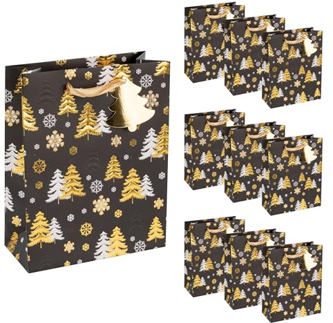 Idena 90400 - Geschenktaschen Tannenbaum, 10 Stück in Schwarz-Gold, Papiertüten in der Größe 23 x 18 x 8 cm, Geschenktüten für Weihnachten