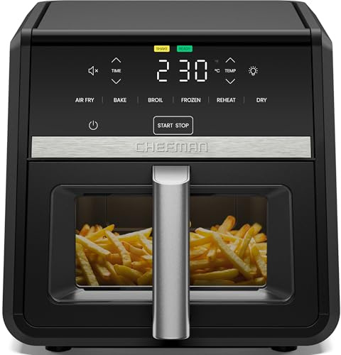 Chefman Freidora de aire caliente TurboFry, 8,5 L, 6 en 1, 230 °C, cesta XL con ventana, freír aire caliente, hornear, asar, calentar, hidratar, descongelar, color negro