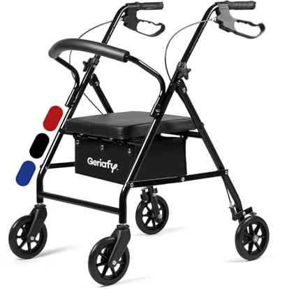 Geriafy - Déambulateur Pliable pour Seniors | Modèle Lambda | Rollator 4 Roues (15 cm) avec Siège et Cesto | Freins à Poignées et Aide à la Marche (Noir)