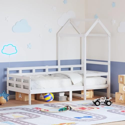 Mandloder Dagsäng med tak, vit, 80 x 200 cm, massivt trä, tall, enkelsäng, ungdomssäng, sängram med ribbotten, mångsidig bäddsoffa för barnrum