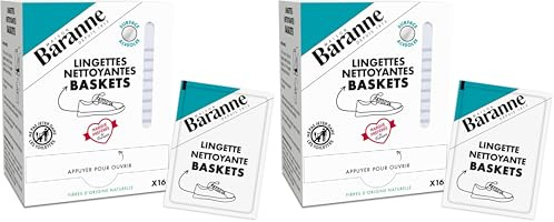 Baranne Lingettes Nettoyantes Baskets| Nettoient et respectent les baskets | Tous types de baskets | Fibres d'origine naturelle | Surface alvéolée | x16 Lingettes (Lot de 2)