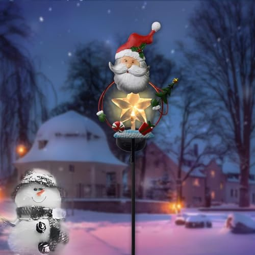 Wlinfetity Lampada da giardino a energia solare, 80 cm, in metallo, decorazione natalizia per esterni, per cortile, sentiero, cortile, illuminazione festiva con cappello rosso e agrifoglio