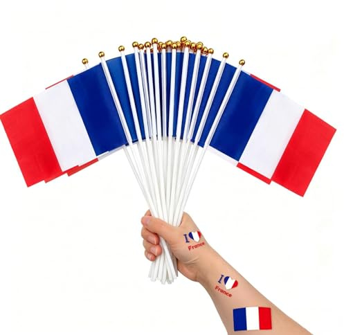LIANRISES 30Pièces Petit Drapeau Francais(14x21cm) & 30Pages Tatouage Drapeau France, pour Coupe du Monde,Tournoi Six Nations,Rugby,Carnaval,Fêtes Nationales,événements Sportifs,Décoratifs D'extérieur