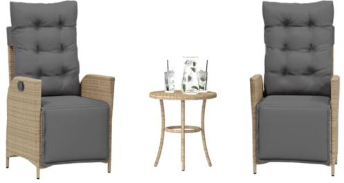 Teenpull 3-TLG Bistro-Set aus PE-Rattan mit pulverbeschichtetem Stahlrahmen, verstellbarem Relaxsessel, beigemischtem Farbton, inklusive waschbaren Sitz- und Rückenkissen
