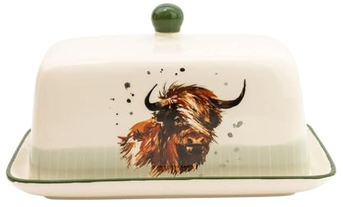 Home Deco London Highland Cow Ceramic Butter Dish with Lid, Countryside Animal Print, Kitchen Serving Accessory (Multi Coloured Butter Dish)