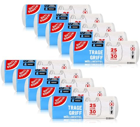 300 Müllbeutel mit Tragegriff 25 Liter - 30 Beutel pro Rolle - Reißfest und flüssigkeitsdicht - Produkt und Verpackung recyclebar - 10 Stück