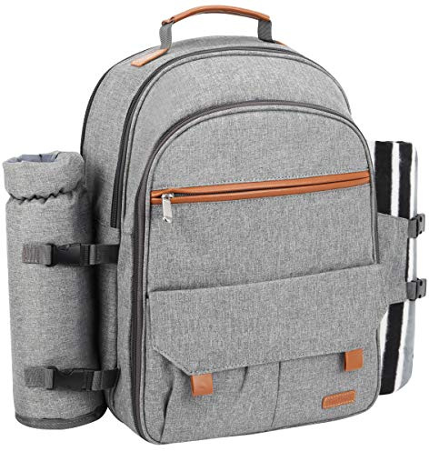 Sunflora Deluxe 4 personer picknickryggsäck med ficka isolerad picknickkorg med servis och filt för familjecamping gräsmatta (grå)