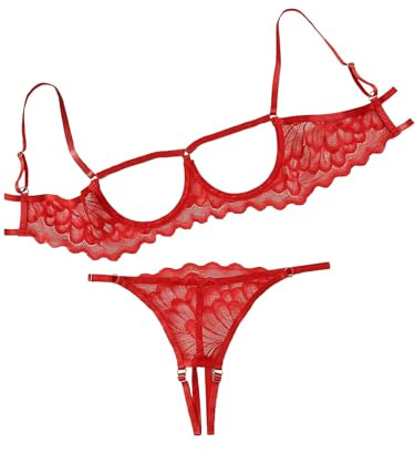 Lilosy Women's Sexy Underwire Floral Lace Sheer Bachelorette Lingerie Set See Through Bra and Panty 2 Piece Red Small