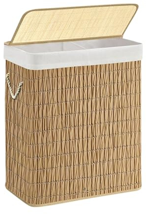 21Bamboo Wäschekorb 90L aus Rattan – 2-Fächer Wäschesammler mit Deckel & herausnehmbarem Wäschesack – Stabiler, faltbarer Wäschebehälter für Bad, Schlafzimmer & Waschküche, 46x33x60 cm