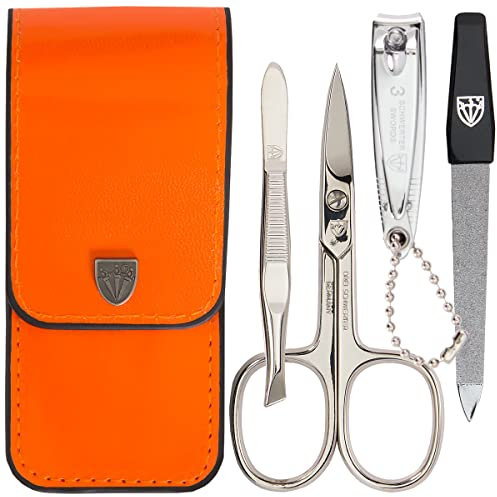 DREI SCHWERTER - 4-tlg. Nagelpflegeset 'Capri' | Hochwertiges Nageletui für Maniküre und Pediküre. Farbe: Kunstleder Orange | Inhalt: Nagelschere, Nagelknipser, Pinzette, Saphirnagelfeile