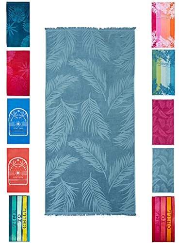 BaSaTex - Strandtuch Baumwolle in 90x180 cm - Strandlaken Badetuch aus Frottee Velours mit Aufhängeschlaufe - Saunatuch Öko-Tex Standard 100 Zertifiziert - Modell Farne Petrol Design
