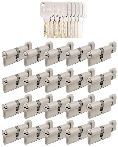 GERCAR Pro 20x Knaufzylinder 35/35 gleichschließend Set 20 Schließzylinder mit Knauf inkl. 100 Schlüssel - 70 mm Türschloss Zylinderschloss 20er Zylinder - Länge: 70mm, A:35 B:35 - Messing matt