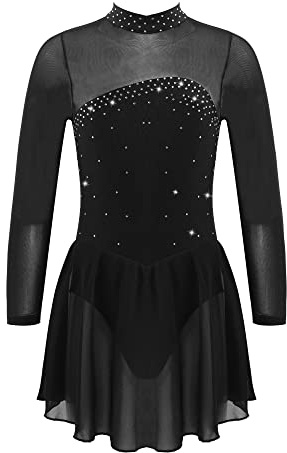 YiZYiF Abito da Pattinaggio Artistico Bambina Chiffon Strass Vestito Danza Classica Leotards Body da Balletto Abito da Ballo Costumi di Danza Nero 7-8 anni
