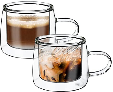 Vinsani KAFO Double Walled Coffee Drink Glasses Tea Cup Mug 80ml Set of 2 Heat Cold Resistant Aesthetic Clear Borosilicate Glass with Handle Ristretto Espresso Tea Dessert Hot and Cold Drinks