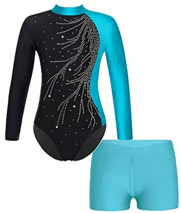 FEESHOW Kinder Gymnastikanzug Mit Hose Langarm Mädchen Glitzer Turntrikot Gymnastik Body Gymnastik Shorts Ballett Athletic Wettkampf Tanzoutfit