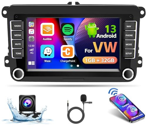 Hikity Android 15 Autoradio mit Bildschirm, Wireless CarPlay Android Auto für VW Golf 5 6 Polo Passat Touran, 7 Zoll Touchscreen mit GPS Navi BT FM RDS WiFi Canbus + Rückfahrkamera 1+32GB