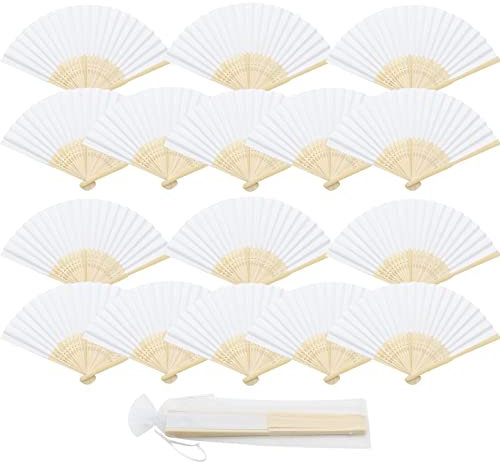 ZOCONE 16 PCS White Wedding Fans for Guests+16 PCS Organza Bags, Foldable Paper Fans Handheld Bamboo Paper Fan for Wedding Gift/Dancing/Wedding Party/Wall Decoration/Party Favor/Party Decoration