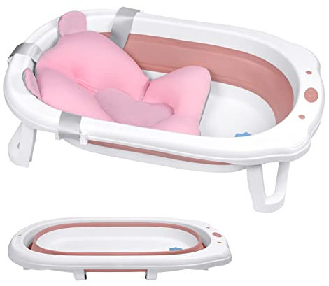 JNGLGO Baby Badewanne Faltbar Babywanne mit Badekissen Baby Bathtub Baby Wanne Rutschfeste Babybadewanne für Neugeborene Kleinkinder, 82 x 50 x 22 cm, Rosa