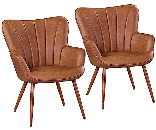 Yaheetech PU Leather Tub Chair, Modern Living Room Armchair, Side Vanity Chair with High Back and Soft Padded Seat for Bedroom Makeup Reading Nook, Set of 2, Retro Brown