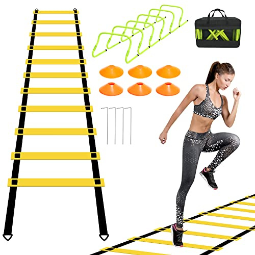 Cecaylie Escalera de coordinación para niños, escalera de coordinación para fútbol con 12 conos de fútbol y 6 obstáculos ajustables, escalera de entrenamiento, kit de entrenamiento, accesorios con