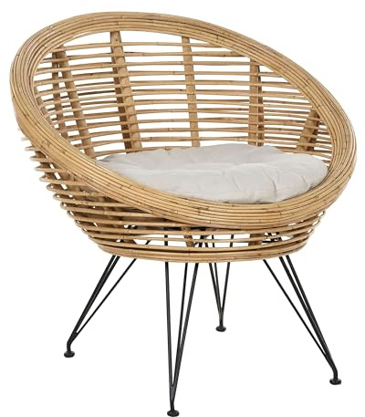 Beliani Gartenstuhl Rattan natürlich Auflage beige Metallbeine schwarz Boho Maratea