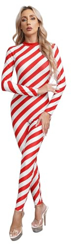 FEESHOW Damen Weihnachts Zuckerstangen Kostüm Jumpsuit Gymnastik Tanztrikot Tanzoverall Ballett Leotard Xmas Outfit Tanzkostüm Ganzkörperanzug